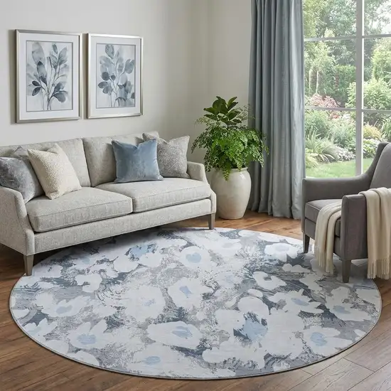 8' Denim Blue Gray And Ivory Floral Washable Round Rug With UV Protection Photo 1