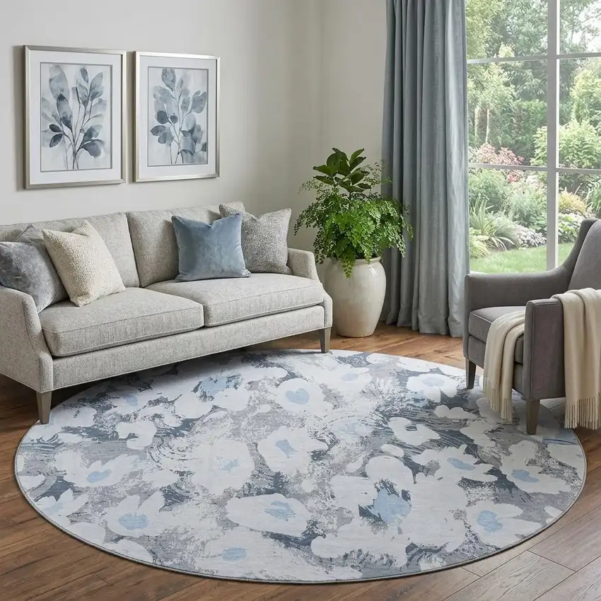 8' Denim Blue Gray And Ivory Floral Washable Round Rug With UV Protection Photo 1