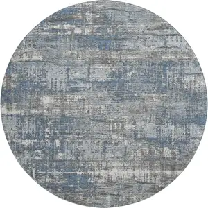 Photo of 8' Denim Blue Gray And Ivory Geometric Washable Round Rug With UV Protection