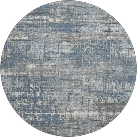 8' Denim Blue Gray And Ivory Geometric Washable Round Rug With UV Protection Photo 1