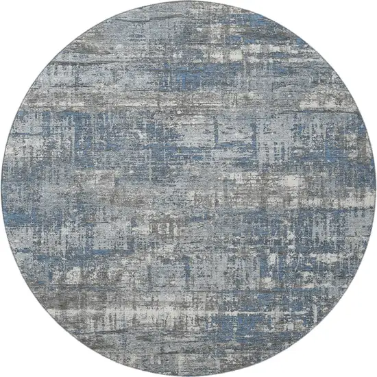 8' Denim Blue Gray And Ivory Geometric Washable Round Rug With UV Protection Photo 4
