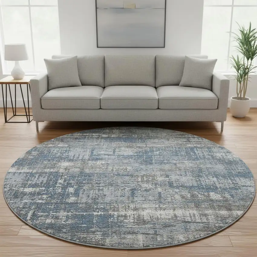 8' Denim Blue Gray And Ivory Geometric Washable Round Rug With UV Protection Photo 2