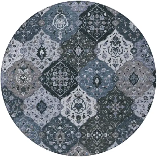 8' Denim Blue Gray And Ivory Round Floral Medallion Washable Indoor Outdoor Area Rug Photo 4