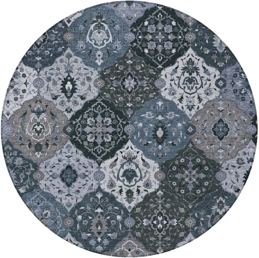 8' Denim Blue Gray And Ivory Round Floral Medallion Washable Indoor Outdoor Area Rug Photo 4