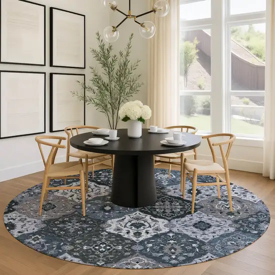 8' Denim Blue Gray And Ivory Round Floral Medallion Washable Indoor Outdoor Area Rug Photo 8