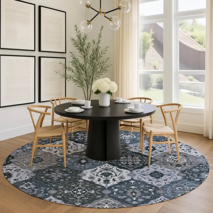 8' Denim Blue Gray And Ivory Round Floral Medallion Washable Indoor Outdoor Area Rug Photo 8