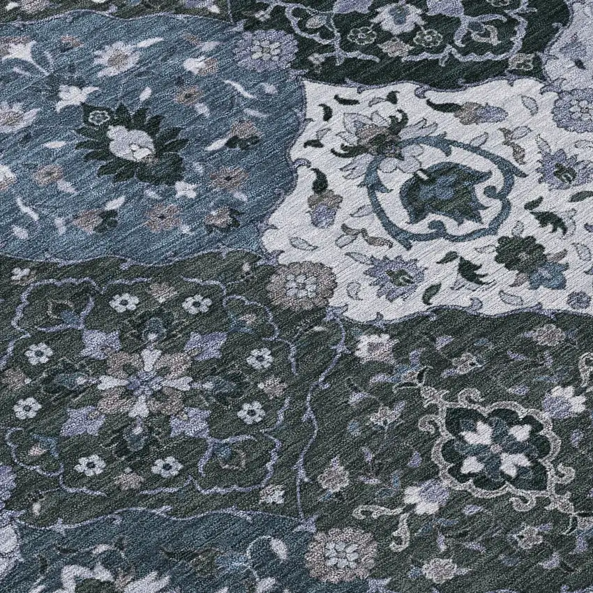 8' Denim Blue Gray And Ivory Round Floral Medallion Washable Indoor Outdoor Area Rug Photo 9