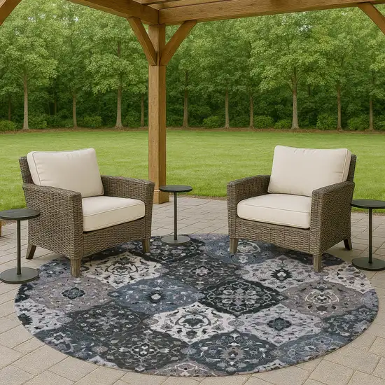 8' Denim Blue Gray And Ivory Round Floral Medallion Washable Indoor Outdoor Area Rug Photo 7