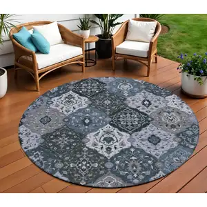 Photo of 8' Denim Blue Gray And Ivory Round Floral Medallion Washable Indoor Outdoor Area Rug