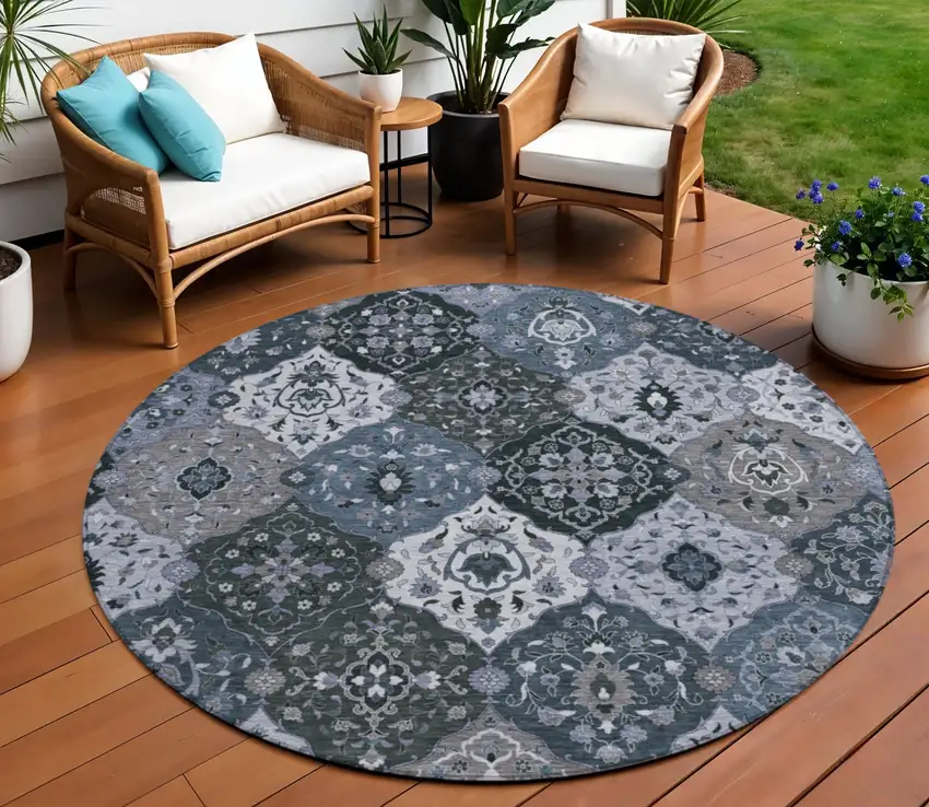 8' Denim Blue Gray And Ivory Round Floral Medallion Washable Indoor Outdoor Area Rug Photo 1