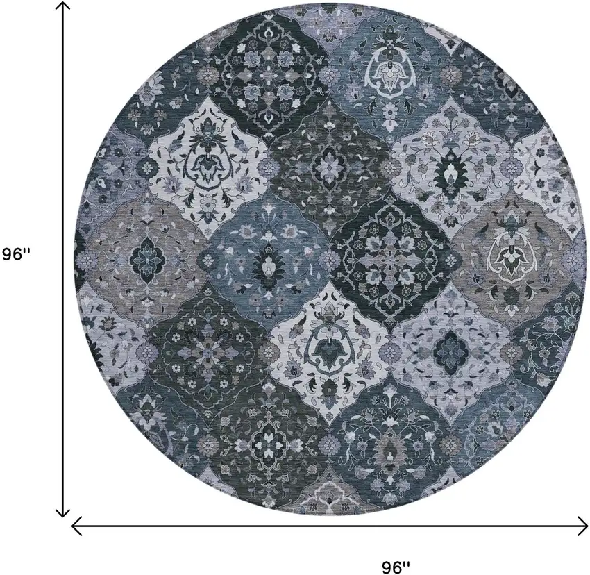 8' Denim Blue Gray And Ivory Round Floral Medallion Washable Indoor Outdoor Area Rug Photo 3