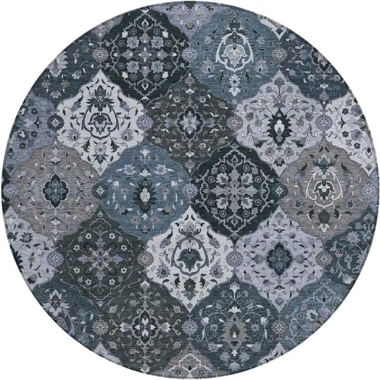 8' Denim Blue Gray And Ivory Round Floral Medallion Washable Indoor Outdoor Area Rug Photo 2