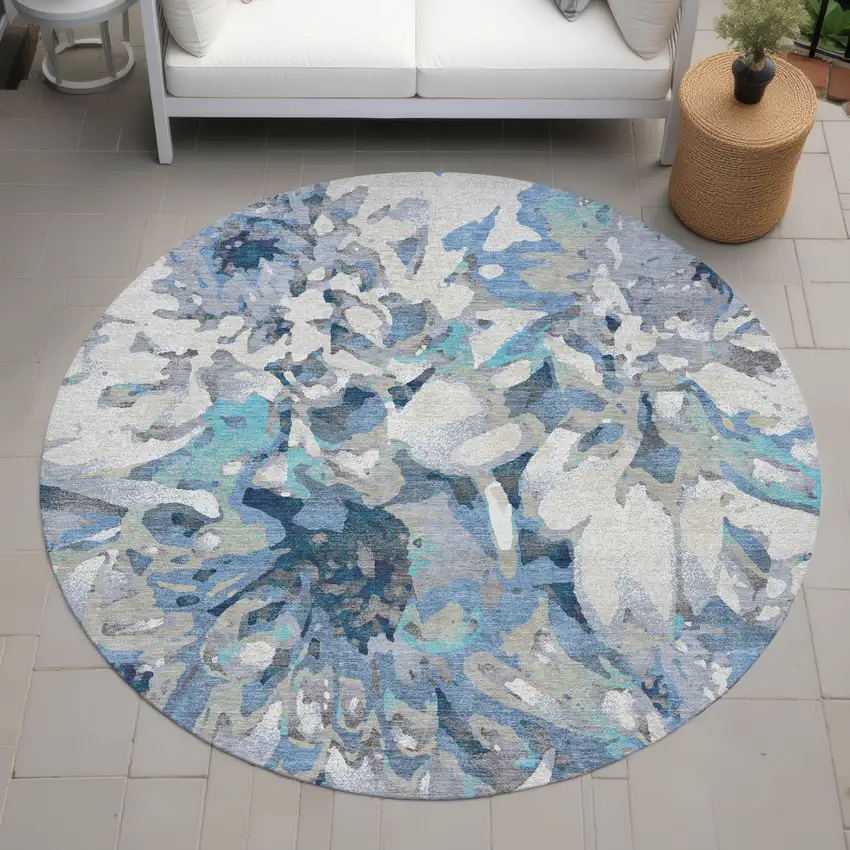 8' Denim Blue Gray And Ivory Round Floral Washable Indoor Outdoor Area Rug Photo 8
