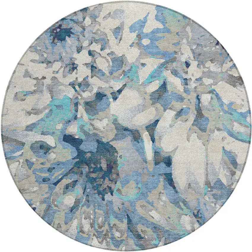 8' Denim Blue Gray And Ivory Round Floral Washable Indoor Outdoor Area Rug Photo 2