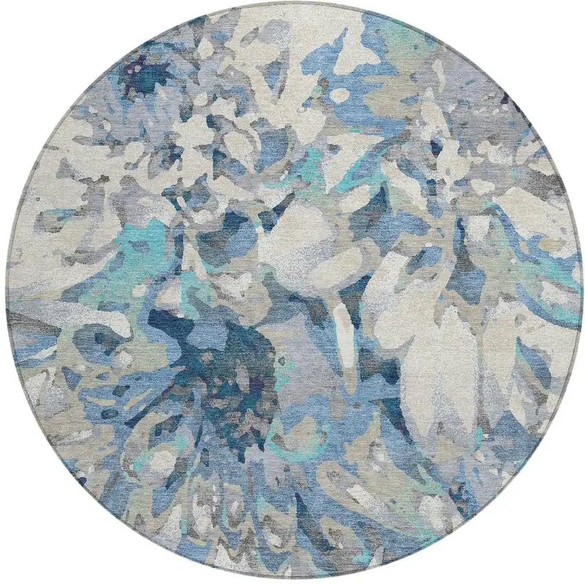 8' Denim Blue Gray And Ivory Round Floral Washable Indoor Outdoor Area Rug Photo 4