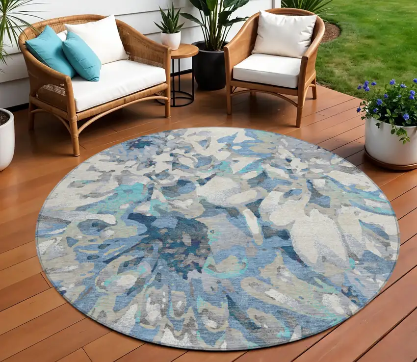 8' Denim Blue Gray And Ivory Round Floral Washable Indoor Outdoor Area Rug Photo 1