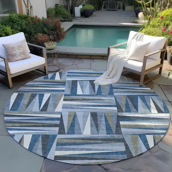 8' Denim Blue Gray And Ivory Round Geometric Washable Indoor Outdoor Area Rug Photo 6