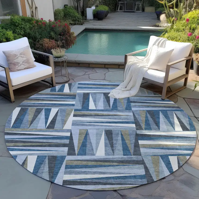 8' Denim Blue Gray And Ivory Round Geometric Washable Indoor Outdoor Area Rug Photo 6