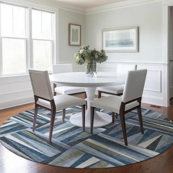 8' Denim Blue Gray And Ivory Round Geometric Washable Indoor Outdoor Area Rug Photo 7