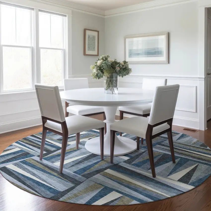 8' Denim Blue Gray And Ivory Round Geometric Washable Indoor Outdoor Area Rug Photo 7