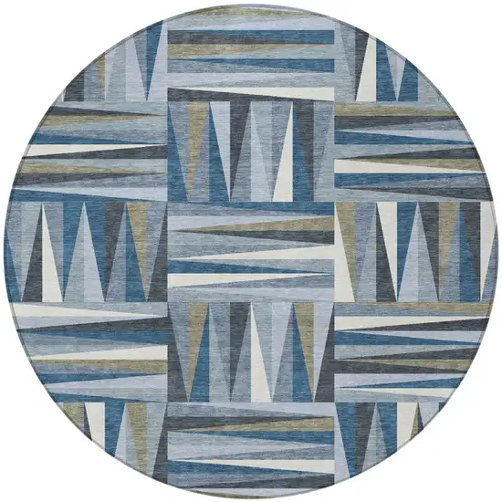 8' Denim Blue Gray And Ivory Round Geometric Washable Indoor Outdoor Area Rug Photo 5