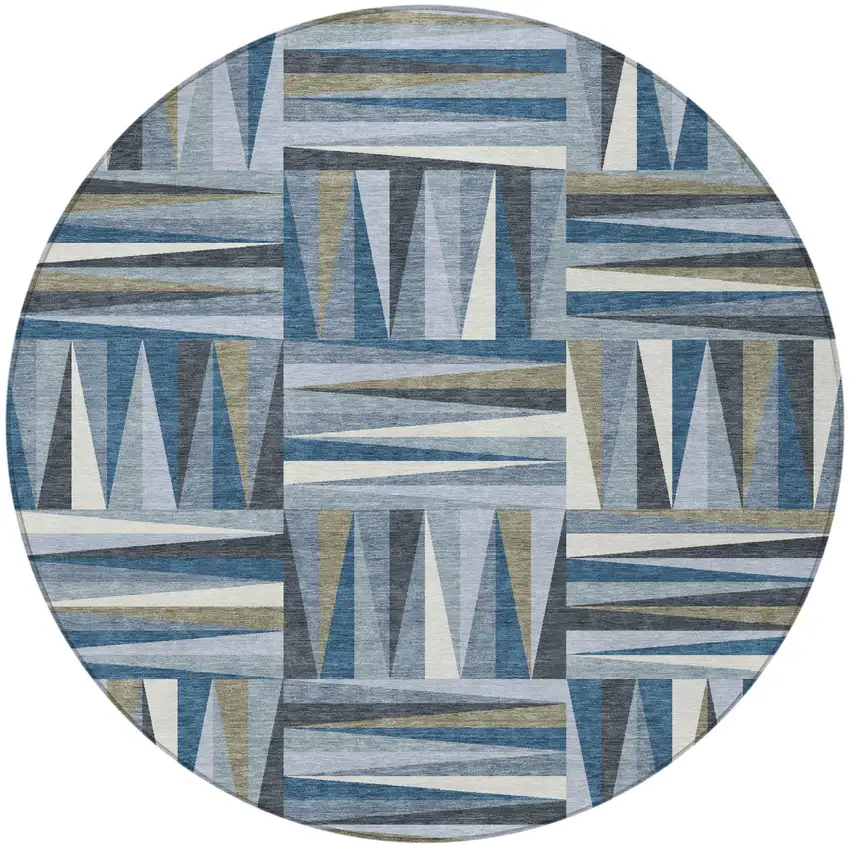 8' Denim Blue Gray And Ivory Round Geometric Washable Indoor Outdoor Area Rug Photo 5