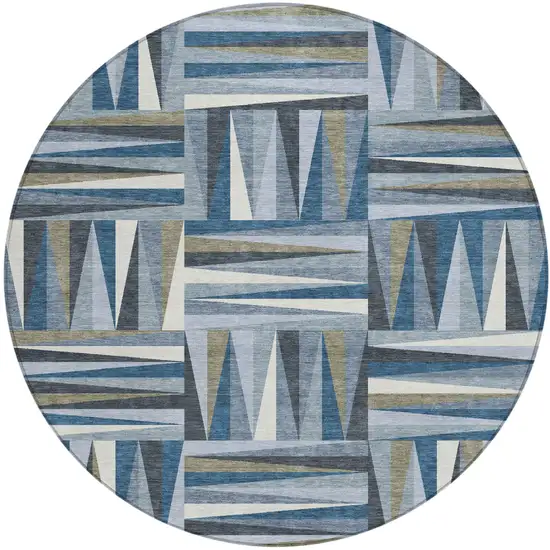 8' Denim Blue Gray And Ivory Round Geometric Washable Indoor Outdoor Area Rug Photo 2