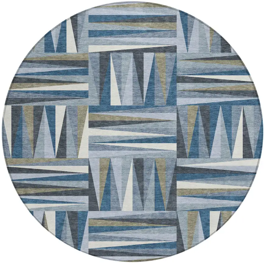 8' Denim Blue Gray And Ivory Round Geometric Washable Indoor Outdoor Area Rug Photo 2