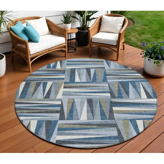 8' Denim Blue Gray And Ivory Round Geometric Washable Indoor Outdoor Area Rug Photo 1