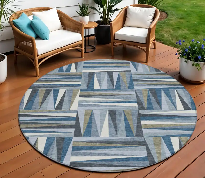 8' Denim Blue Gray And Ivory Round Geometric Washable Indoor Outdoor Area Rug Photo 1