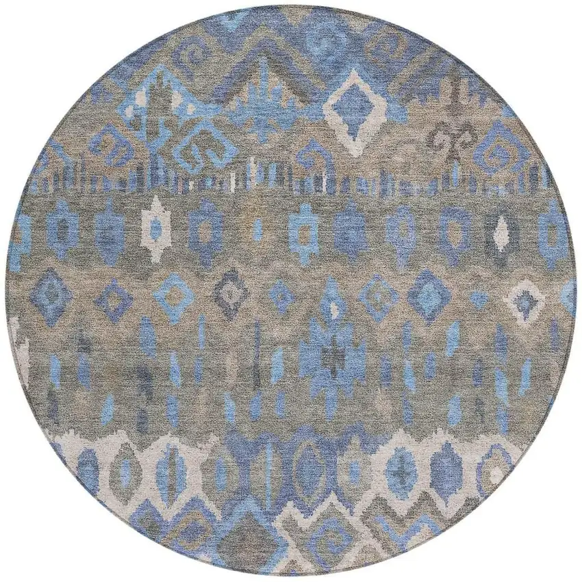 8' Denim Blue Gray And Ivory Round Geometric Washable Indoor Outdoor Area Rug Photo 4