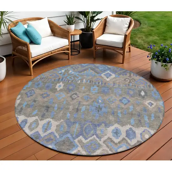 8' Denim Blue Gray And Ivory Round Geometric Washable Indoor Outdoor Area Rug Photo 1