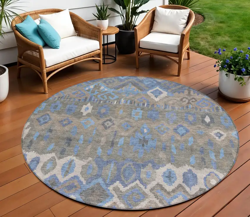 8' Denim Blue Gray And Ivory Round Geometric Washable Indoor Outdoor Area Rug Photo 1