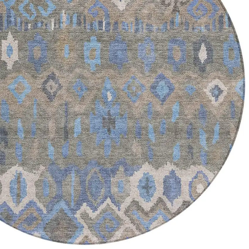8' Denim Blue Gray And Ivory Round Geometric Washable Indoor Outdoor Area Rug Photo 7