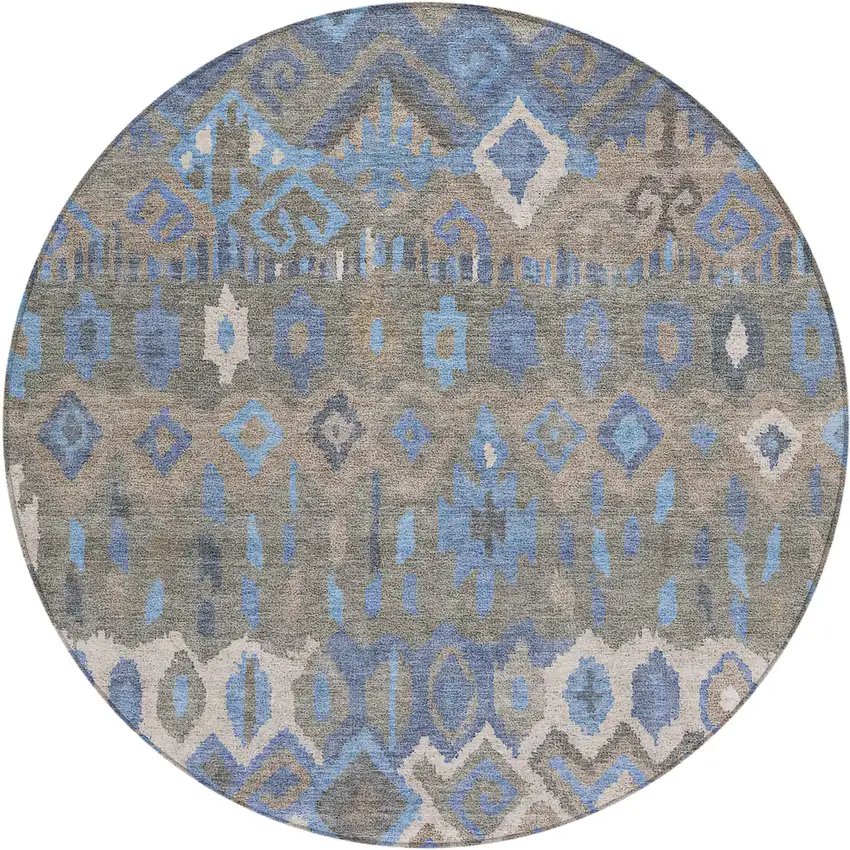 8' Denim Blue Gray And Ivory Round Geometric Washable Indoor Outdoor Area Rug Photo 2