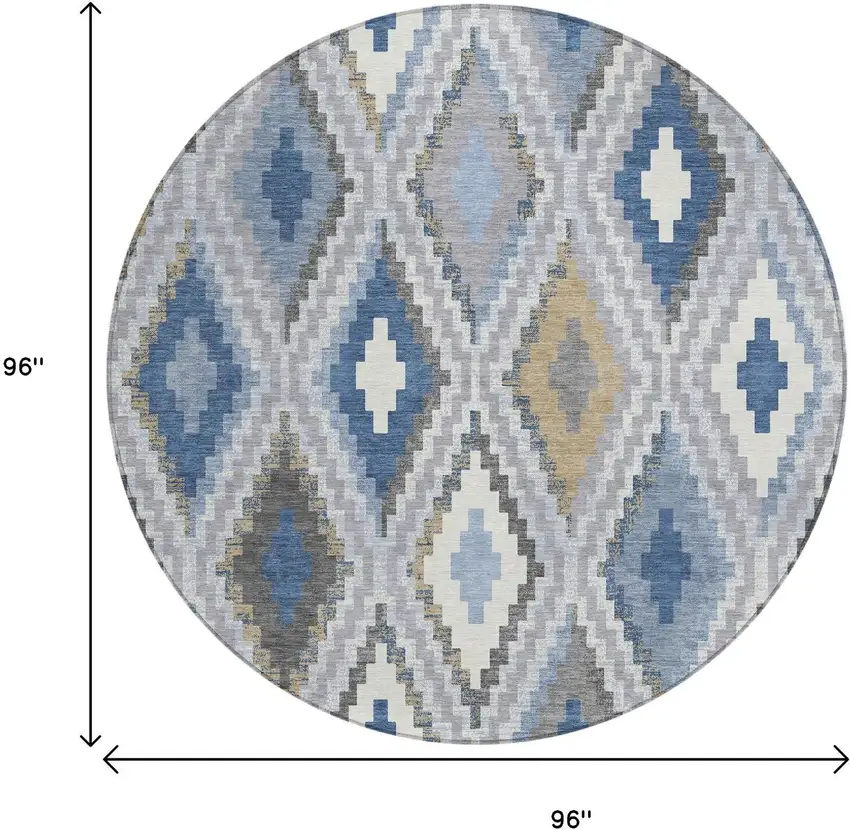 8' Denim Blue Gray And Ivory Round Geometric Washable Indoor Outdoor Area Rug Photo 3