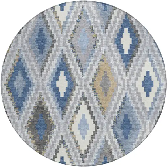8' Denim Blue Gray And Ivory Round Geometric Washable Indoor Outdoor Area Rug Photo 2
