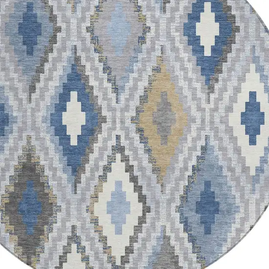 8' Denim Blue Gray And Ivory Round Geometric Washable Indoor Outdoor Area Rug Photo 6