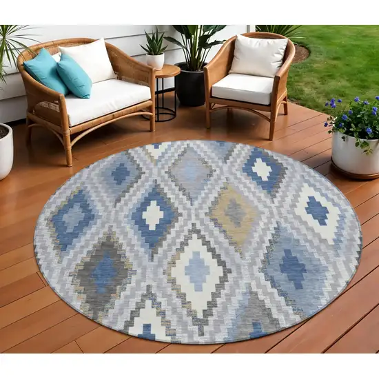 8' Denim Blue Gray And Ivory Round Geometric Washable Indoor Outdoor Area Rug Photo 1