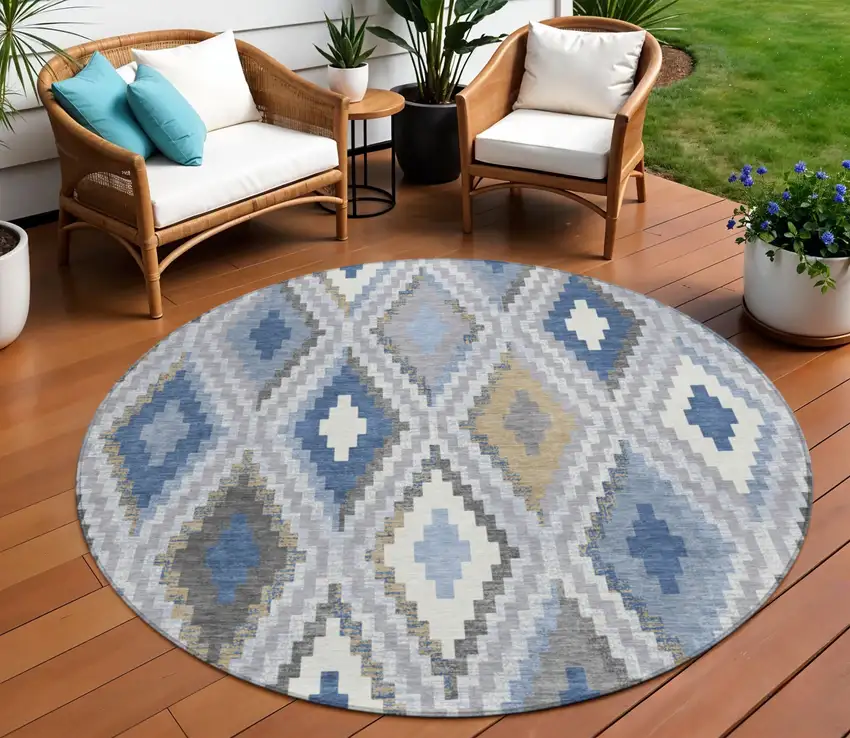 8' Denim Blue Gray And Ivory Round Geometric Washable Indoor Outdoor Area Rug Photo 1