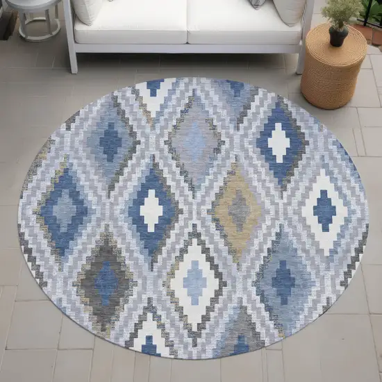 8' Denim Blue Gray And Ivory Round Geometric Washable Indoor Outdoor Area Rug Photo 8