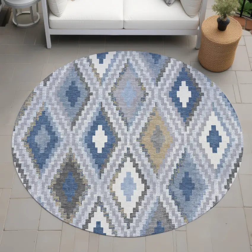 8' Denim Blue Gray And Ivory Round Geometric Washable Indoor Outdoor Area Rug Photo 8