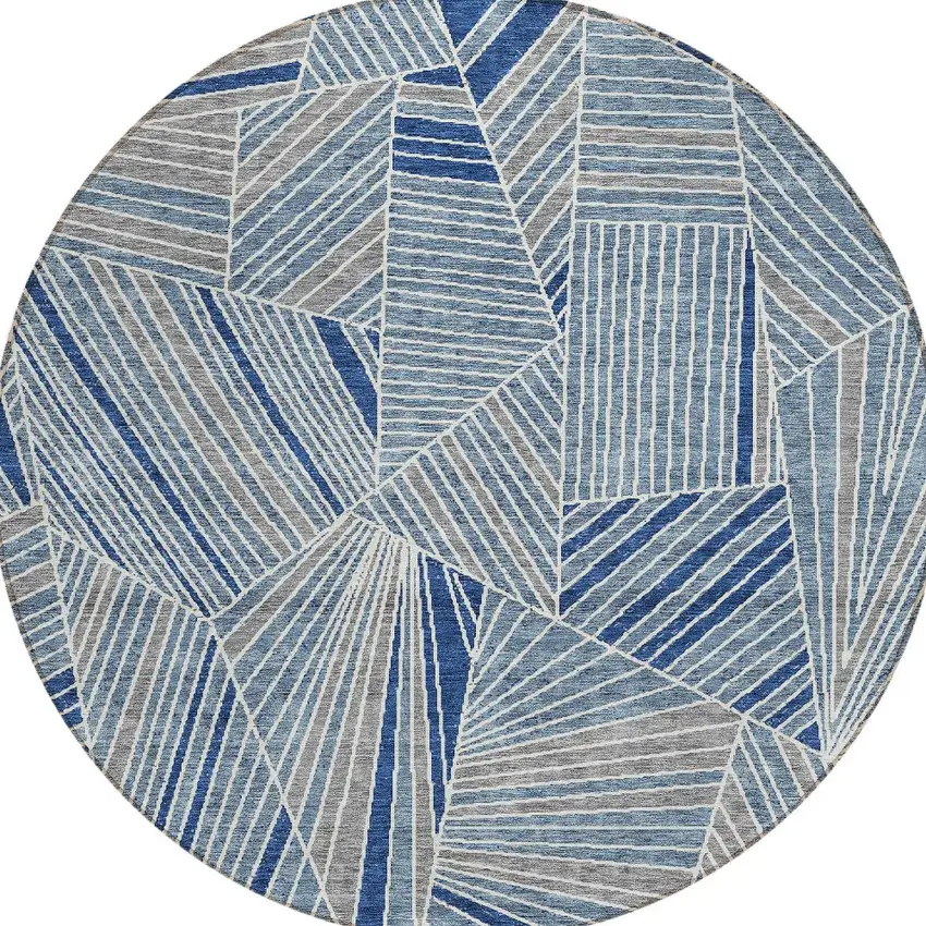 8' Denim Blue Gray And Ivory Round Geometric Washable Indoor Outdoor Area Rug Photo 6