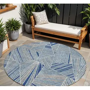 Photo of 8' Denim Blue Gray And Ivory Round Geometric Washable Indoor Outdoor Area Rug