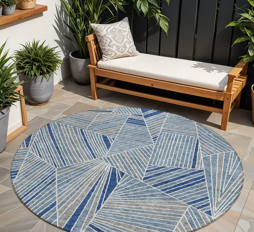 8' Denim Blue Gray And Ivory Round Geometric Washable Indoor Outdoor Area Rug Photo 1