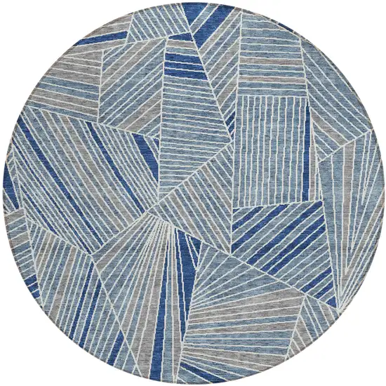 8' Denim Blue Gray And Ivory Round Geometric Washable Indoor Outdoor Area Rug Photo 2