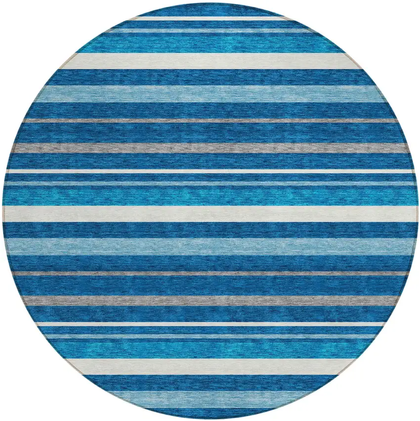 8' Denim Blue Gray And Ivory Round Striped Washable Indoor Outdoor Area Rug Photo 2