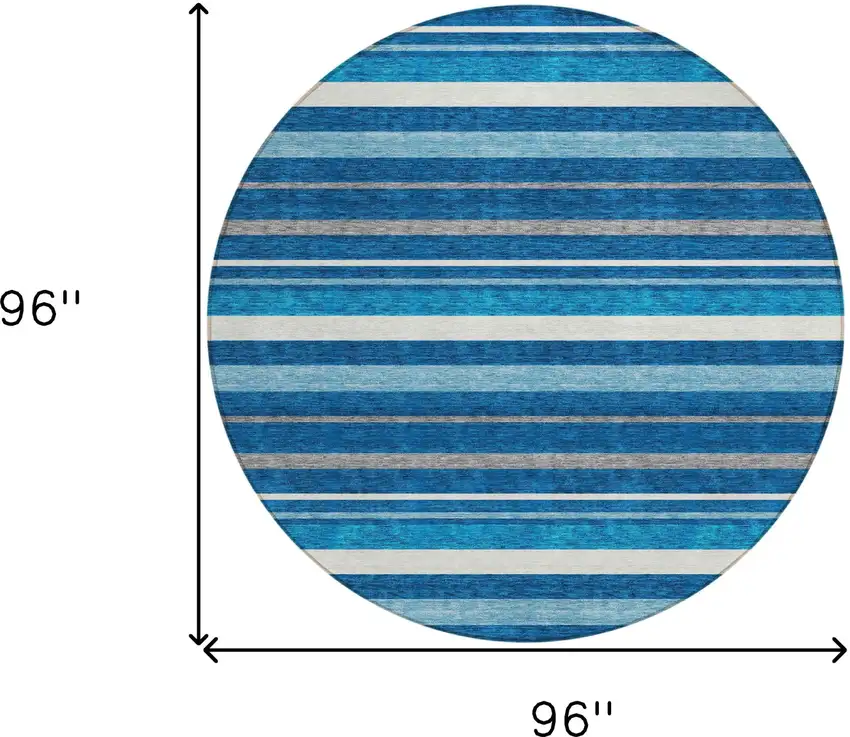 8' Denim Blue Gray And Ivory Round Striped Washable Indoor Outdoor Area Rug Photo 3