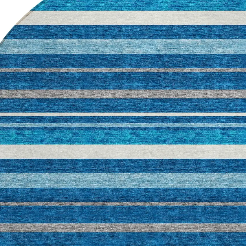 8' Denim Blue Gray And Ivory Round Striped Washable Indoor Outdoor Area Rug Photo 4
