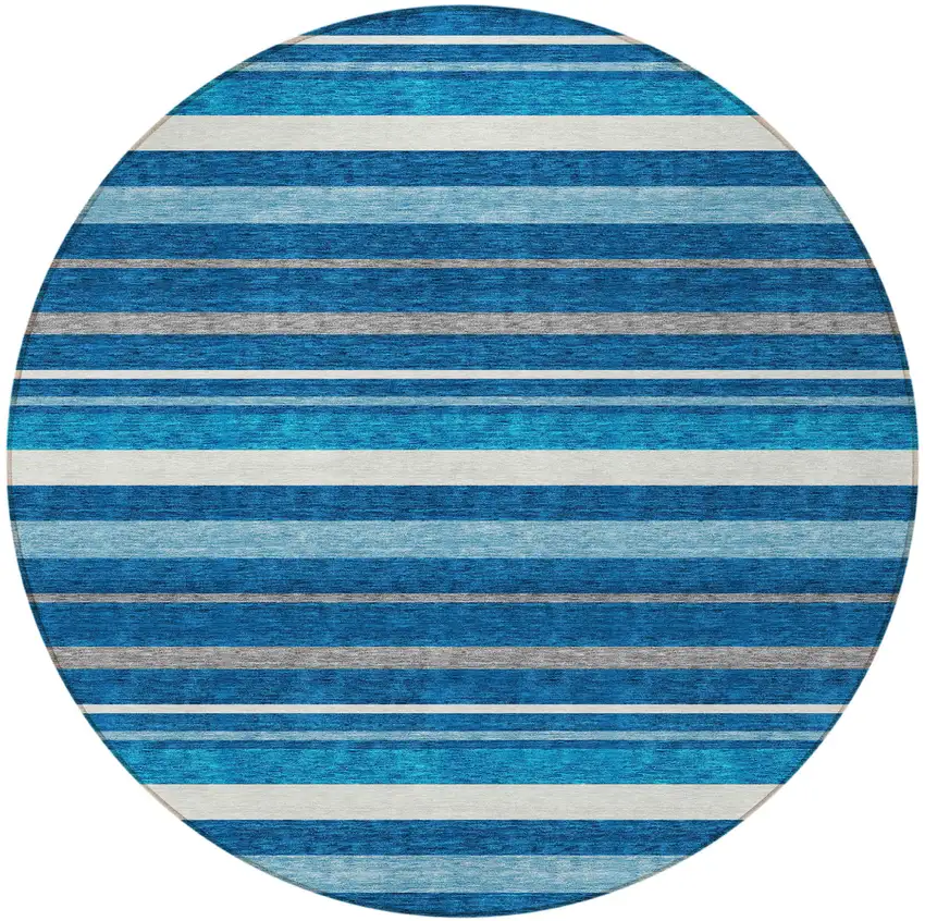 8' Denim Blue Gray And Ivory Round Striped Washable Indoor Outdoor Area Rug Photo 5